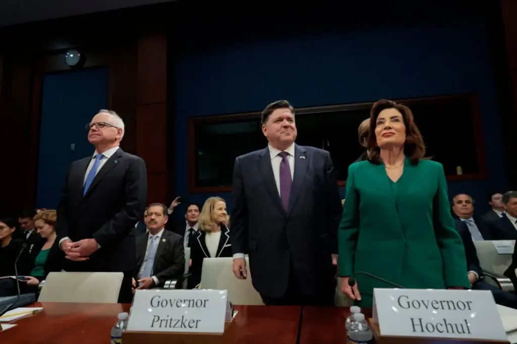 WASHINGTON, DC - JUNE 12: (L-R) Minnesota Gov. Tim Walz, Illinois Gov. J.B. Pritzker and New York Gov. Kathy Hochul arrive for a hearing with the House Oversight and Accountability Committee at the U.S. Capitol on June 12, 2025 in Washington, DC. The committee held the hearing titled 