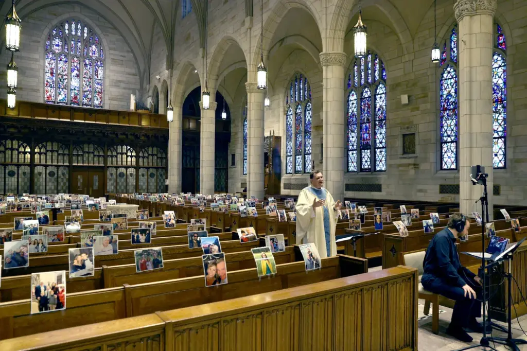Rev. Brian X. Needles delivers Easter Sunday Mass via livestream on April 12, 2020 at Our Lady of Sorrows Catholic Church in South Orange, New Jersey. Amidst the COVID-19 pandemic, Christians around the globe will mark the Easter holiday on Sunday, April 12.(Photo by Elsa/Getty Images)