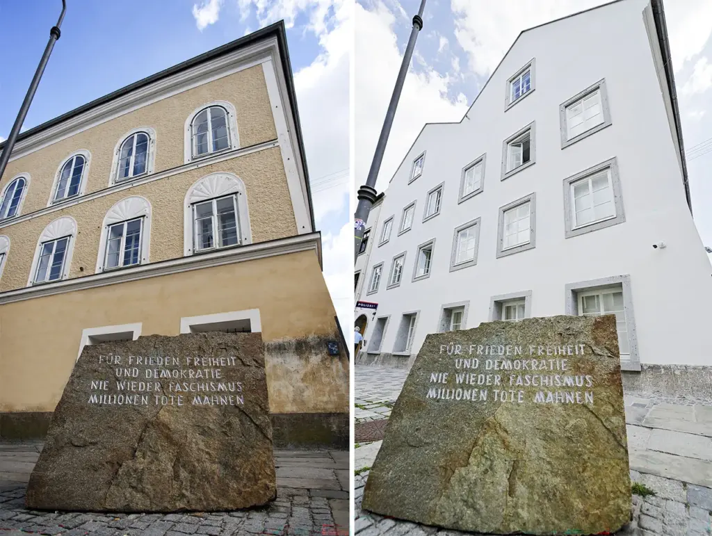 This combination of pictures created on July 22, 2026 shows Adolf Hitler's birthplace, photographed on September 20, 2012, in Braunau, Austria and (R) Adolf Hitler's birthplace in Braunau, Austria, photographed on July 22, 2026. (Photo by MANFRED FESL / APA / AFP via Getty Images)