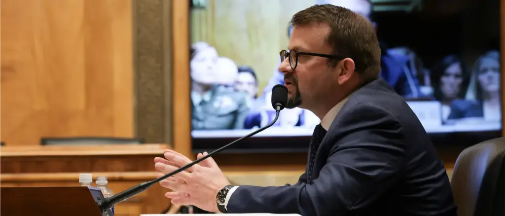 CIA whistleblower James Erdman III, a senior operations officer, speaks during a hearing with the Senate Homeland Security Committee in the Dirksen Senate Office Building on May 13, 2026 in Washington, DC. The committee held the hearing titled