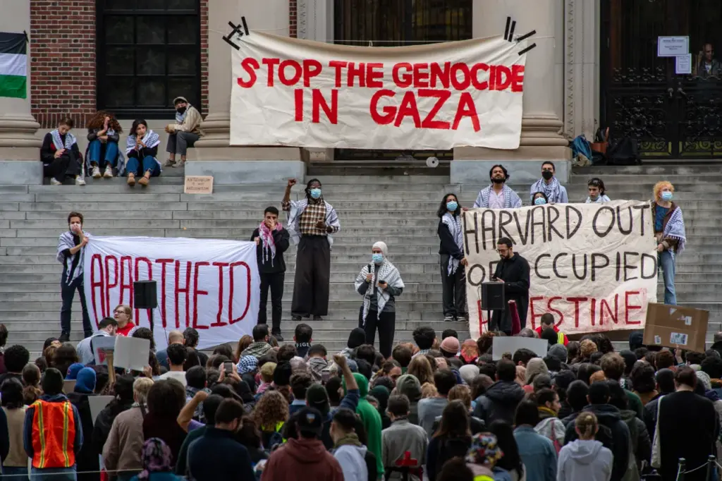 TOPSHOT - Supporters of Palestine gather at Harvard University to show their support for Palestinians in Gaza at a rally in Cambridge, Massachusetts, on October 14, 2023. Thousands of Palestinians sought refuge on October 14 after Israel warned them to evacuate the northern Gaza Strip before an expected ground offensive against Hamas, one week on from the deadliest attack in Israeli history. (Photo by Joseph Prezioso / AFP) (Photo by JOSEPH PREZIOSO/AFP via Getty Images)
