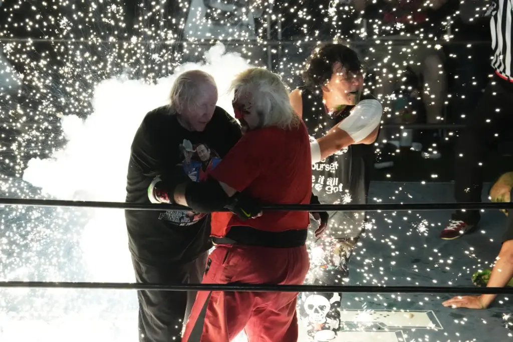 Pro-Wrestling - Atsushi Onita 50th Anniversary KAWASAKI, JAPAN - AUGUST 24: Atsushi Onita attacks Dory Funk Jr. during the Pro-Wrestling - Atsushi Onita 50th Anniversary at Fujitsu Stadium Kawasaki on August 24, 2024 in Kawasaki, Kanagawa, Japan. (Photo by Etsuo Hara/Getty Images)